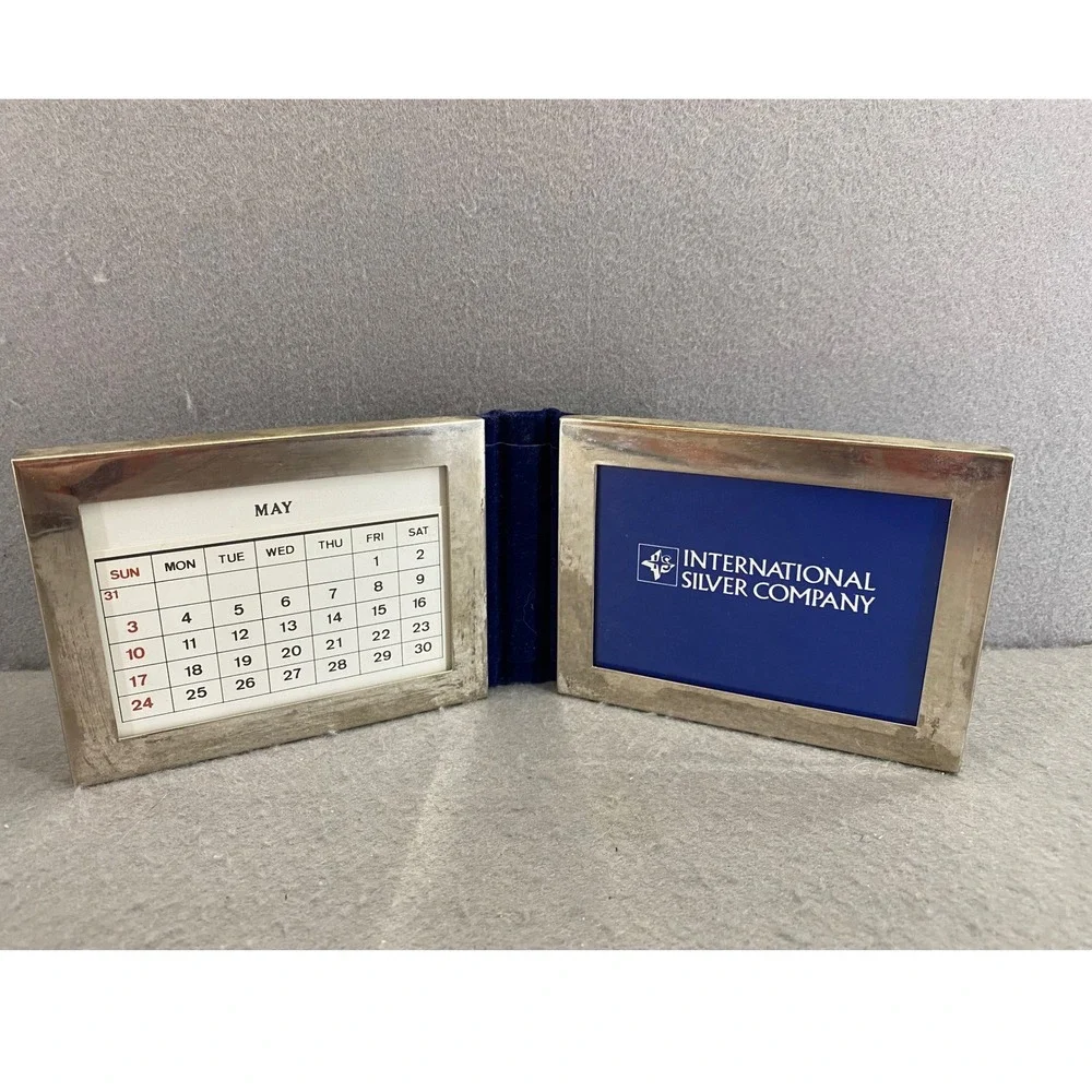 International Silver Company Folding Double Picture Frame Silver Plated Calendar